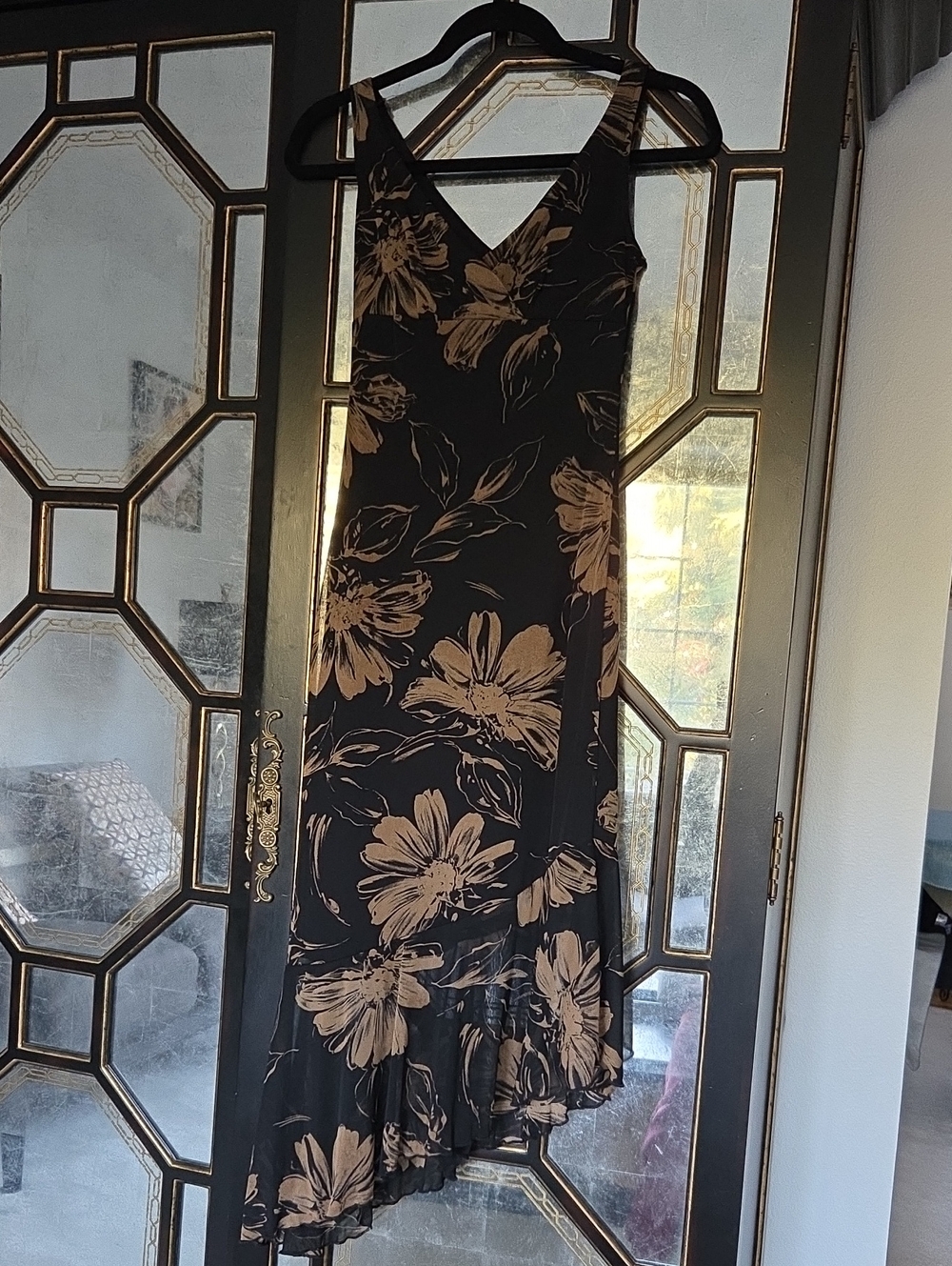 Ruby Rox Black/Floral Print Stretch Dress, Empire Waist & Asymmetrical Hem Y2K